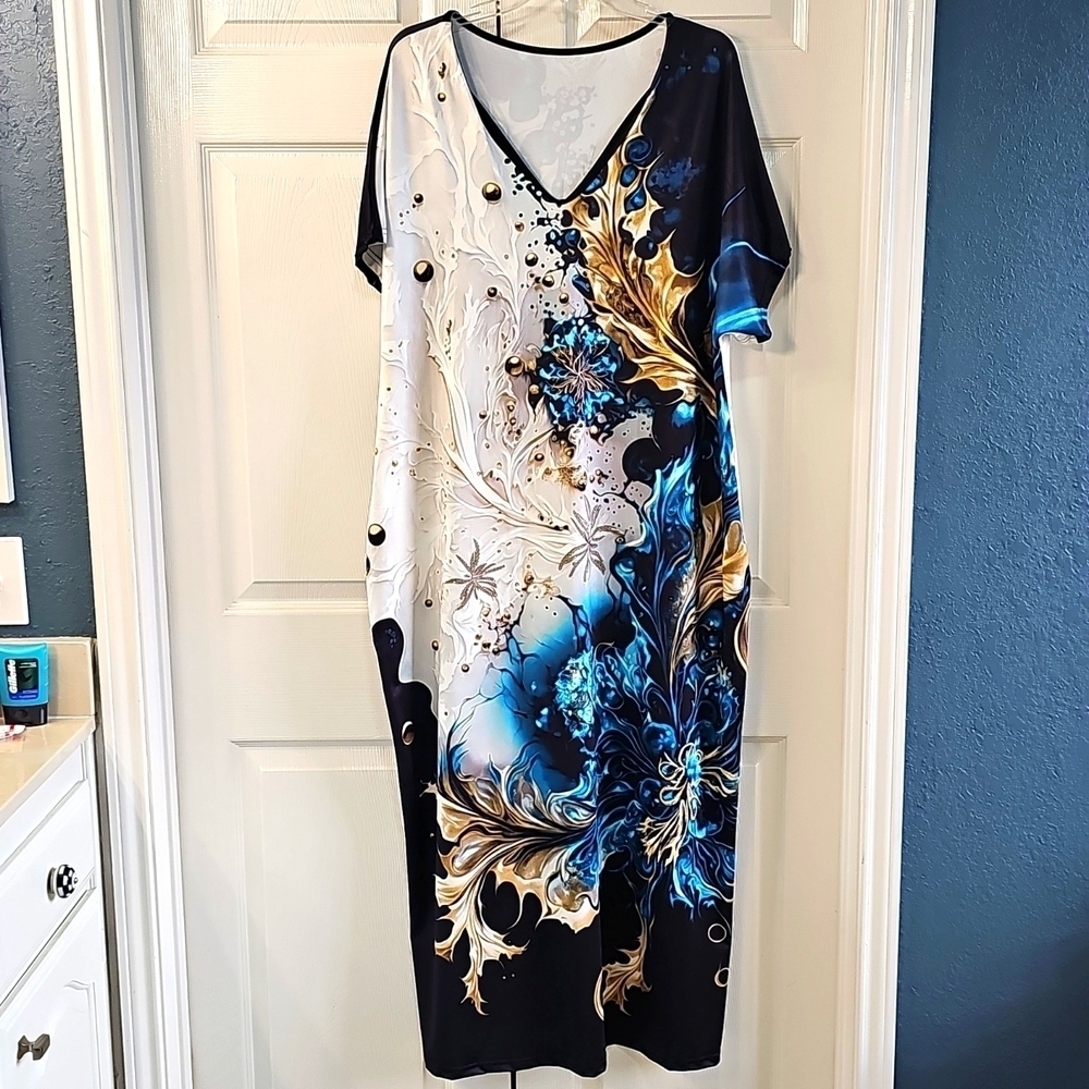 New Vibrant Tropical Vacation V-Neck Short Sleeve Coverup Or Dress - Picture 3 of 14